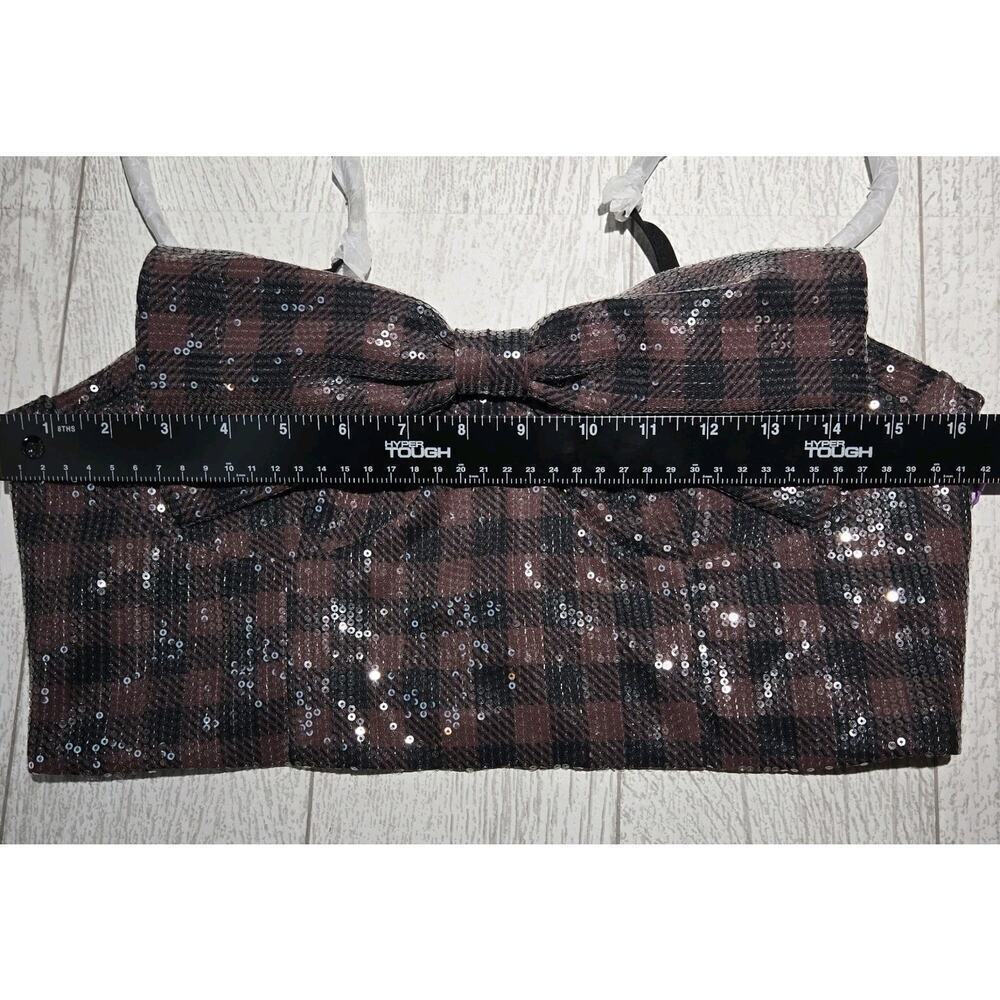 Johnny Wujek Sequin Crop Top Bow Front Zip Back Jrs Sz 11 Plaid Black Brown GLAM - Picture 13 of 15